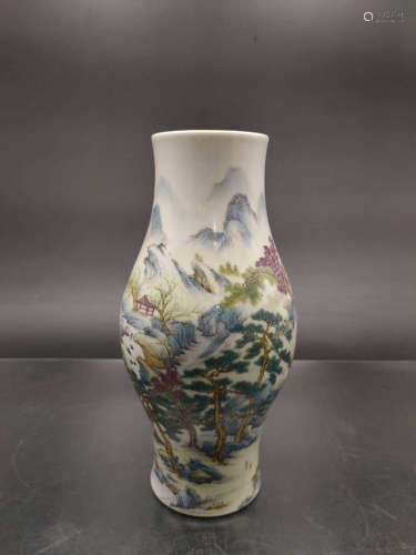 A Chinese Famille Rose Landscape Painted Porcelain Vase