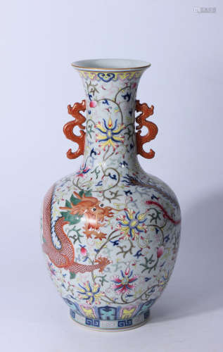 A Chinese Yangcai Dragon Pattern Porcelain Vase with Double Ears