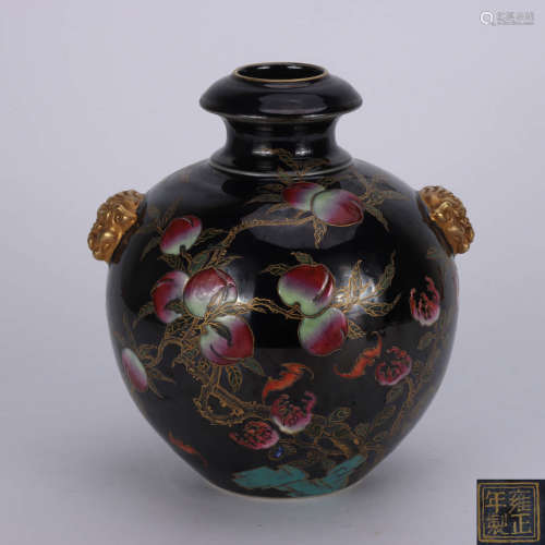 A Chinese Black Land Gilt Porcelain Vase with Double Ears
