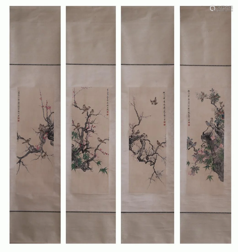 FOUR PANELS SCROLL PAINTING OF BIR…