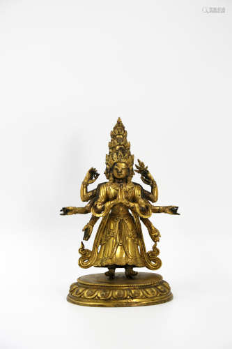 Chinese Qing Dynasty Qianlong Period Copper Gold Gilded Guanyin Statue