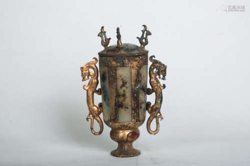Chinese Copper Vessel Inlaid With Jade