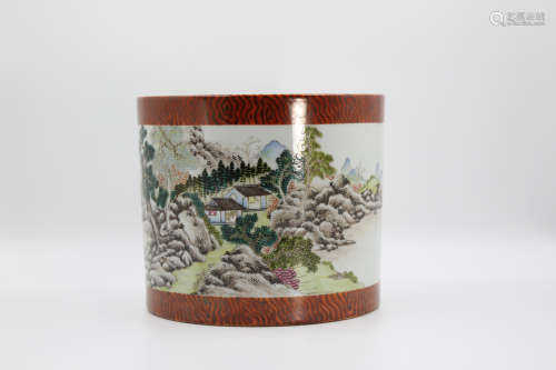 Chinese Qing Dynasty Qianlong Period Wood Pattern Glaze Brush Pot