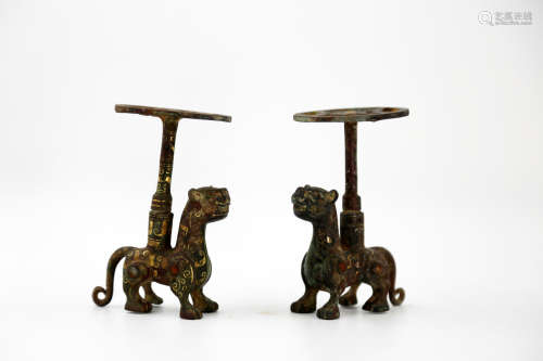 Chinese Pair Of Gold And Silver Lampstands