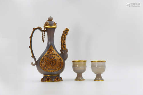 Chinese Set Of Agate Gold Painted Vine Pot