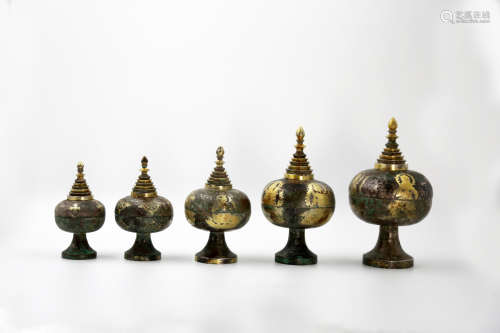 Chinese Set Of Silver Gold Gilded Ritual Vessels