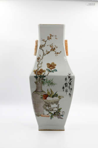 Chinese Republic Of China Period Famille Rose Porcelain Square Bottle