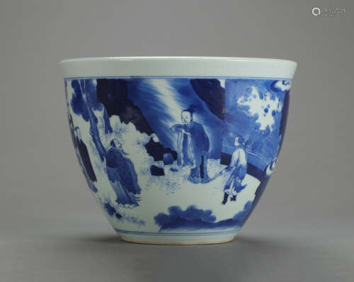 CHINESE BLUE AND WHITE PORCELAIN FIGURE AND STORY JAR
