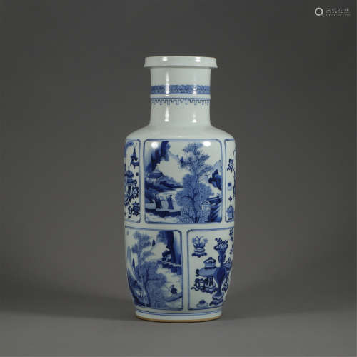 CHINESE BLUE AND WHITE PORCELAIN ROULEAU VASE