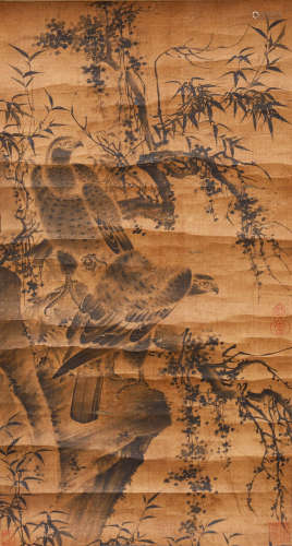 CHINESE SILK HANDSCROLL PAINTING OF DOUBLE EAGLES