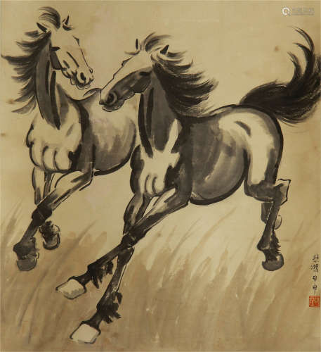 CHINESE PAINTING OF RUNNING DOUBLE HORSES BY XU BEIHONG