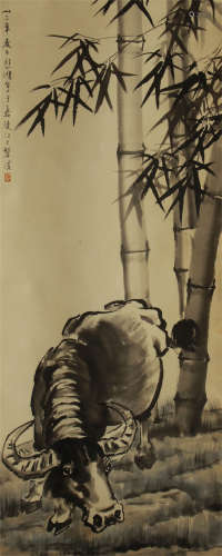 CHINESE HANGING SCROLL INK PAINTING OF OX UNDER THE BAMBOO