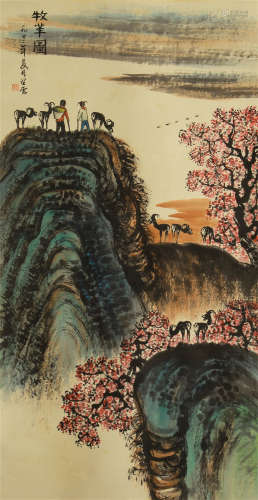 CHINESE INK AND COLOR PAINTING CHILDERN AND SHEEP IN MOUNTAIN