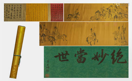 A CHINESE HANDSCROLL PAINTING OF WARRIORS ON HORSE