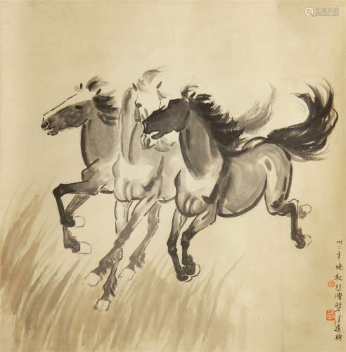 CHINESE HANGING SCROLL INK PAINTING OF TWIN HORSES