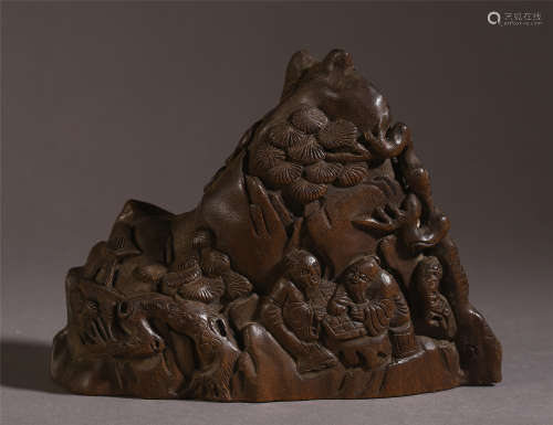 CHINESE AGALWOOD CARVED FIGURE AND STORY TABLE ITEM
