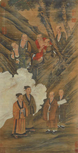 CHINESE SILK HANDSCROLL PAINTING OF SCHOLARS GATHERING