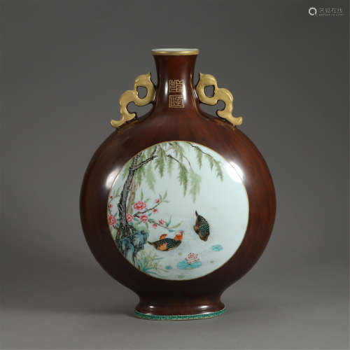 CHINESE FLOWER AND BIRD DOUBLE HANDLE MOON FLASK VASE