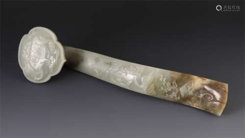 CHINESE JADE CARVED BEAST & POEM RUYI SCEPTER