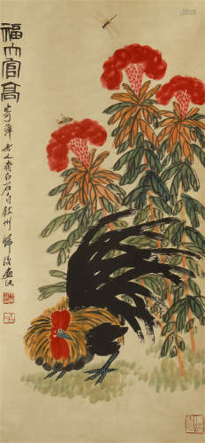 CHINESE INK AND COLOR PAINTING OF ROOSTER AND FLOWER BY QI BAISHI