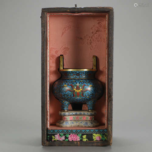 CHINESE CLOISONNE DOUBLE HANDLE TRIPLE FEET CENSER IN BOX