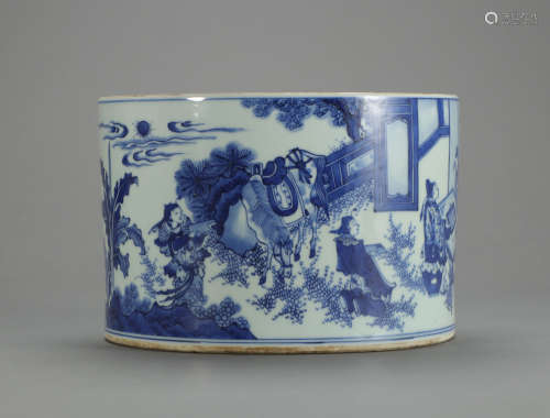 CHINESE BLUE AND WHITE PORCELAIN FIGURE BRUSH POT