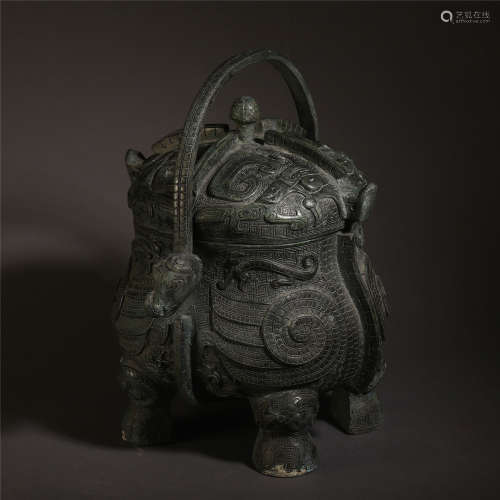 CHINESE ANCIENT BRONZE FOUR FEET LONG HANDLE KETTLE