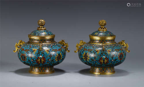 A PAIR OF CHINESE CLOISONNE DOUBLE HANDLE LIDDED CENSER