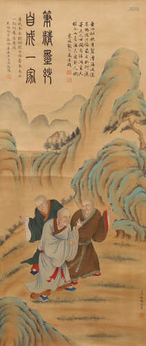 CHINESE SILK HANDSCROLL PAINTING OF ARHATS BY DING GUANPENG