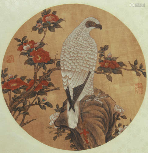 CHINESE SILK HANDSCROLL PAINTING OF WHITE EAGLE & FLOWER