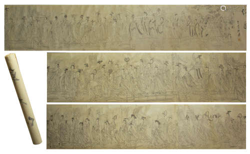 A CHINESE HANDSCROLL PAINTING OF FIGURES GATHERING BY ZHANG DAQIAN