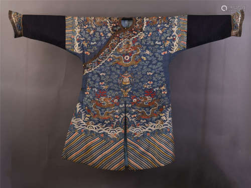 CHINESE BLUE GROUND EMBROIDERY DRAGON TMPERIAL ROBE