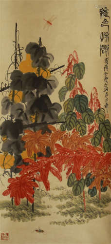 CHINESE INK AND COLOR PAINTING OF FLOWER & DRAGONFLY
