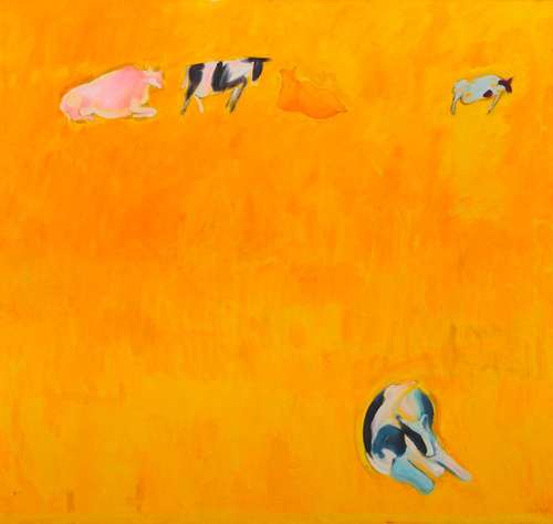 BERNARD CHAET, (American, 1924-2012), Cows on Yellow Ground, oil on canvas, 57 x 60 in., frame: 57 1/2 x 60 1/2 in.