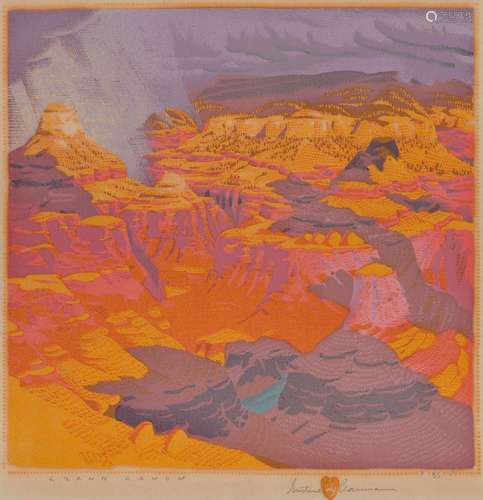 GUSTAVE BAUMANN, (American, 1881-1971), Grand Canyon, woodcut in colors, plate: 12 1/2 x 12 1/2 in., frame: 20 1/2 x 19 1/4 in.