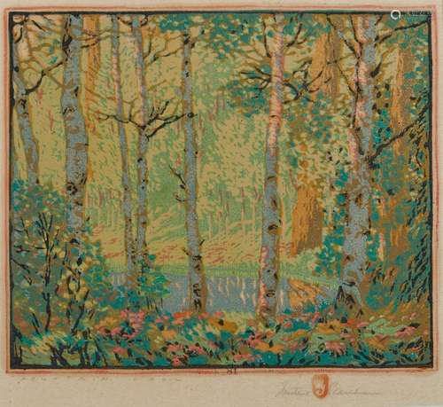 GUSTAVE BAUMANN, (American, 1881-1971), Mountain Lake, woodcut in colors, plate: 9 3/8 x 11 1/2 in., frame: 18 1/4 x 18 3/4 in.