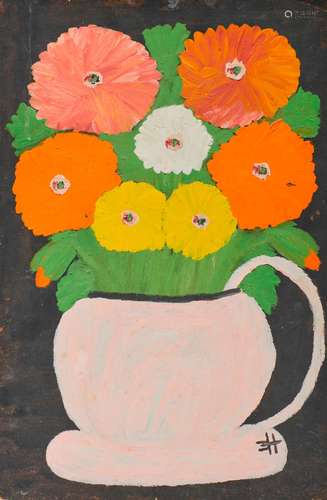 CLEMENTINE REUBEN HUNTER, (American, 1887-1987), Zinnias Looking at You, oil on board, 23 1/2 x 15 1/2 in.