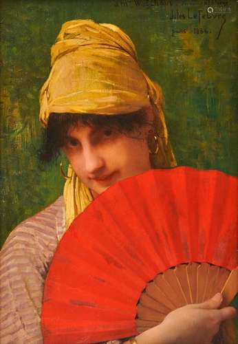 JULES JOSEPH LEFEBVRE, (French, 1836-1911), Woman with a Red Fan, oil on panel, 15 1/4 x 10 3/8 in., frame: 20 1/2 x 16 in.