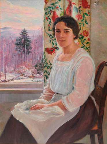 LILLA CABOT PERRY, (American, 1848-1933), Marie at the Window, Winter, 1921, oil on canvas, 40 x 30 in., frame: 46 1/2 x 36 1/2 in.