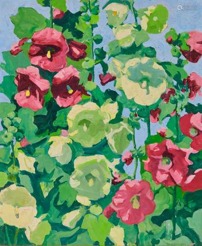 JANE PETERSON, (American, 1876-1965), Hollyhocks, Gloucester, 1952, oil on canvas, 30 x 25 in., frame: 30 x 35 in.