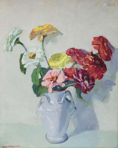 JANE PETERSON, (American, 1876-1965), Zinnias, oil on canvas, 30 x 24 in., frame: 38 x 32 in.