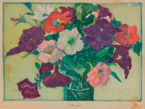 MARGARET JORDAN PATTERSON, (American, 1867-1950), Petunias, woodblock print, image: 7 1/4 x 10 in., frame: 15 1/4 x 19 1/4 in.