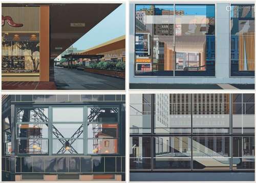 RICHARD ESTES, (American, b. 1932), Manhattan, Movies, Eiffel Tower Restaurant, and Lakewood Mall, from Urban Landscapes III, 1981, four color screen prints on paper, each image 14 x 20 in., each frame 22 x 30 in.