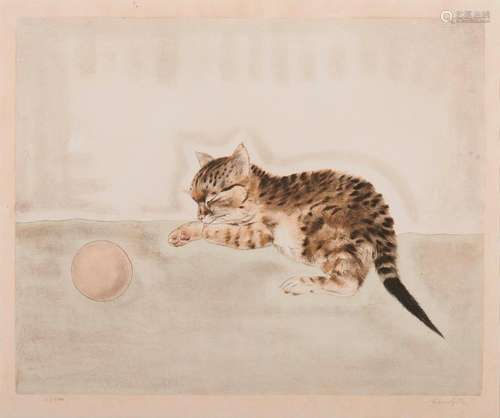 TSUGUHARU FOUJITA, (Japanese/French, 1886-1968), Chaton dormant pr�s d''une balle, from Les Chats, etching and aquatint, sheet: 14 x 16 3/4 in., image: 11 1/4 x 13 3/4 in., frame: 19 1/2 x 22 in.