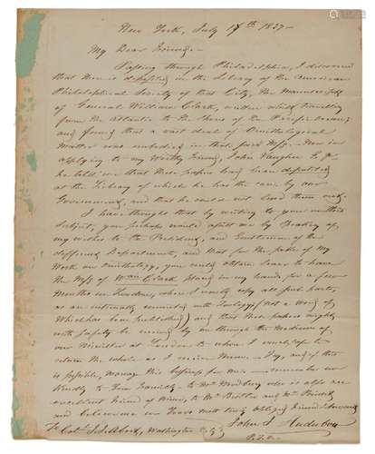 One page autograph letter signed John J[ames] Audubon, on wove paper, to Colonel John James Abert, from New York, July 17, 1837