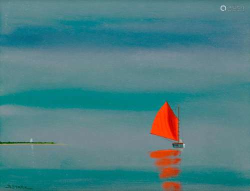 ROBERT W. STARK, JR., (American,1933-2014), Red Sail, oil on canvas, 8 x 10 in., frame: 10 1/2 x 12 1/2 in.