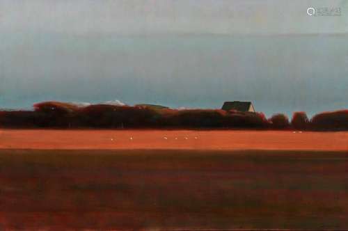 ALLEN WHITING, (American, b. 1946), Sheep on Whiting Farm, Martha''s Vineyard, 1986, oil on canvas, 48 x 72 in., frame: 50 x 74 in.