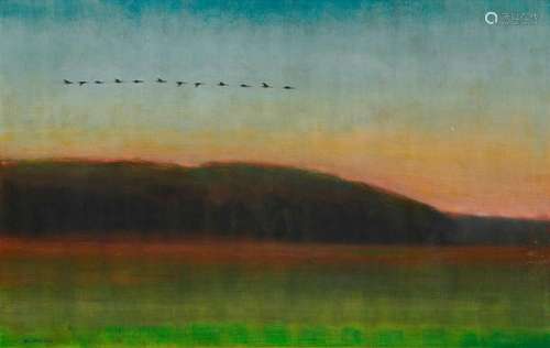 ALLEN WHITING, (American, b. 1946), In Flight, 1984, oil on linen, 45 x 70 in., frame: 47 x 72 in.