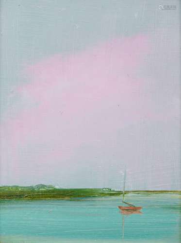 ANNE PACKARD, (American, b. 1933), Red Sail Boat, oil on board, 4 x 3 in., frame: 6 3/4 x 5 3/4 in.