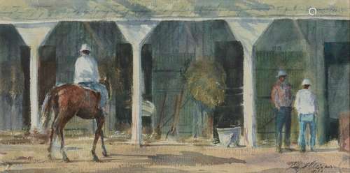 RAY GEORGE ELLIS, (American, 1921-2013), Saratoga Stables, 1984, watercolor, sight: 11 x 22 in., frame: 23 x 34 in.